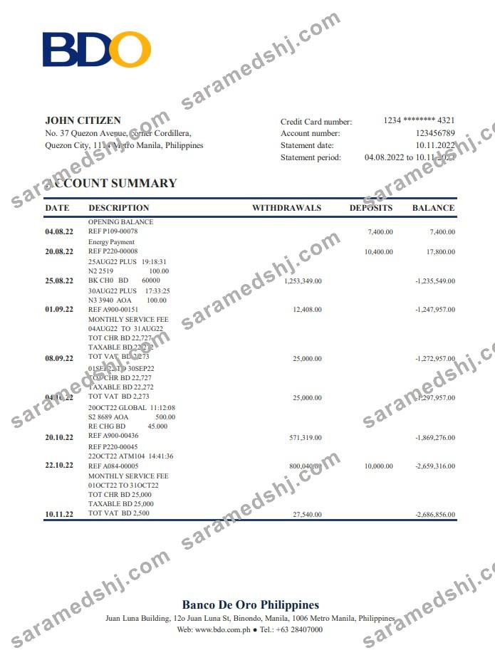 Philippines BDO bank statement xls